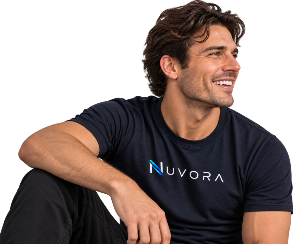 Una persona sonriendo, con una playera de NUVORA.