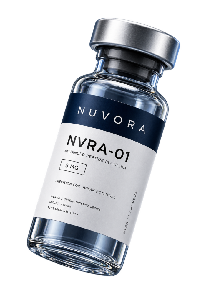 Vial de la serie NVRA-01 de NUVORA, 5 mg, con la etiqueta de uso exclusivo en investigación.
